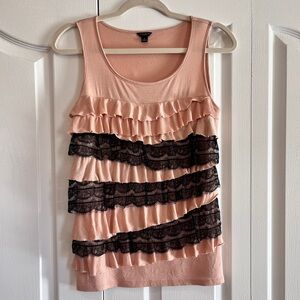 Ann Taylor peach with black lace ruffles sleeveless tank shirt size S